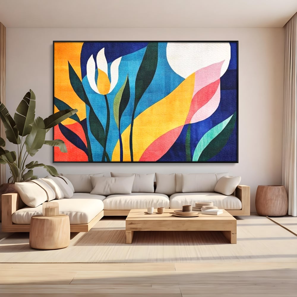 Tablou canvas cu tablou canvas cu flori abstracte, in rama de aluminiu negru, pe perete intr-un living
